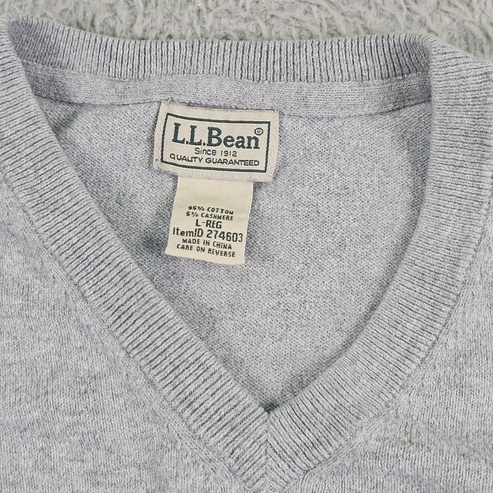 L.L.Bean Sweater Mens Large Gray Cotton Cashmere V Neck Knit Pullover Soft - Picture 4 of 9